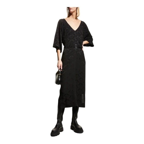 Ganni Womens Size 6 Black Viscose Jacquard Belted Midi Dress New NWT - Picture 1 of 6